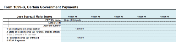 Form 1099-G, Certain Government Payments Payer #2 Payer #3 Payer #4 Payer #5 Payer #1 State of Colorado Jose Suarez & Maria S