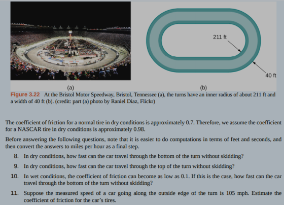 211 ft 40 ft Figure 3.22 At the Bristol Motor Speedway, Bristol, Tennessee (a), the turns have an inner radius of about 211 f