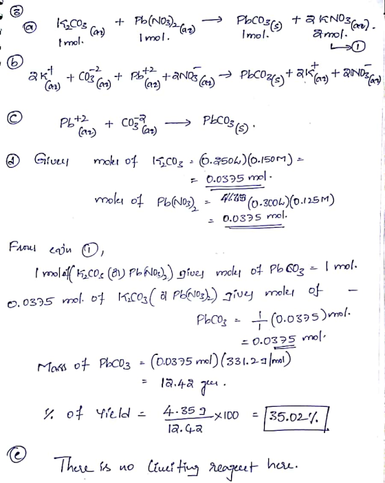 K.coz mol (an) + Pb(NO3)2, -5 Imol. (a) PbCours + 2 N03 Imol. s . amollare - celé ang tama ang tanesco) -> PbComey take on to