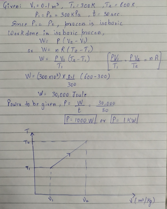= 30 sec Giveni V, = 0.1m3, T,=300k To = 600k P = P2 = 300kPa t = Since Pia P2, process is iso basic Work done in isobaric pr