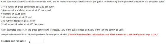 Hank Itzek manufactures and sells homemade wine, and he wants to develop a standard cost per gallon. The following are requir