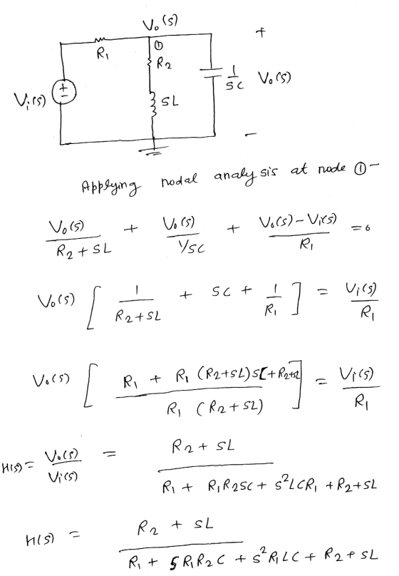 Vors2 f M R R2 Į Vo(5) SC Virs) SL Applying nodal analysis at node 0- Vo(s) Vo(s)- Vics) + + = 6 Vors) YSC R R2+ SL - + sct !