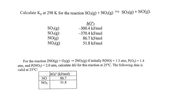 Calculate Kp at 298 K for the reaction SO.(g) + NO2()SO3(g)+NO() SO2(g) SO3(g) NO(g) NO2(g) -300.4 k/mol -370.4 kJ/mol 86.7 kJ/mol 51.8 kJ/mol For the reaction 2NO(g)+02(g)- 2NO2( f iniially P(NO)1.5 atm, PO2)-1.4 atm, and P(NOJ-2.0 atrn, calculate Δ@for this reaction at 25°C. The following data is valid at 25°C: NO NO2 AGe(kJ/mol 86.7 51.8