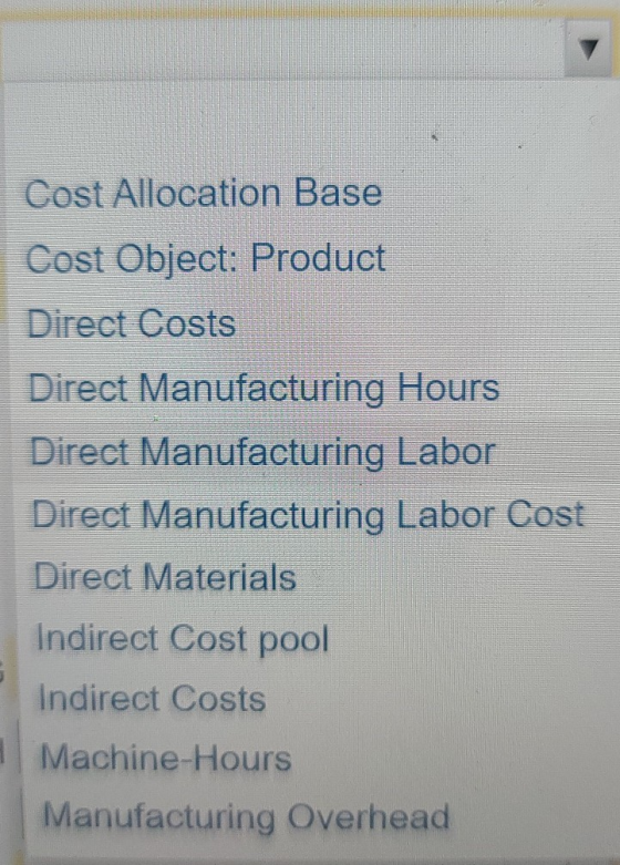 Cost Allocation Base Cost Object: Product Direct Costs Direct Manufacturing Hours Direct Manufacturing Labor Direct Manufactu