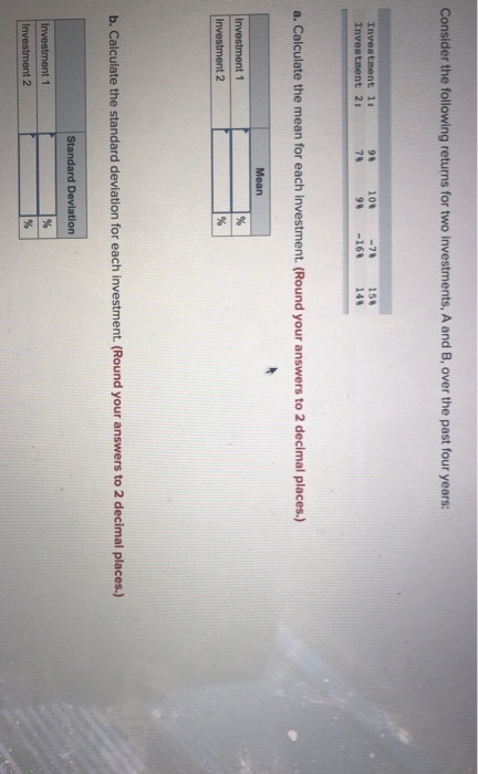 Consider the following returns for two investments, A and B, over the past four years: 9 10 78 98-16% 14% 158 Investment 1: Investment 2s a. Calculate the mean for each investment. (Round your answers to 2 decimal places.) Inve b. Calculate the standard deviation for each investment. (Round your answers to 2 decimal places.) Standard Deviation 2
