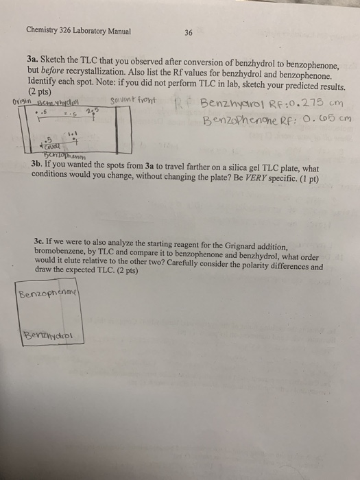 Chemistry 326 Laboratory Manual 36 3a. Sketch the TLC that you observed after conversion of benzhydrol to benzophenone, but b