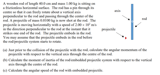 axis rod A wooden rod of length 40.0 cm and mass 1.00 kg is sitting on a frictionless horizontal surface. The rod has a pin t