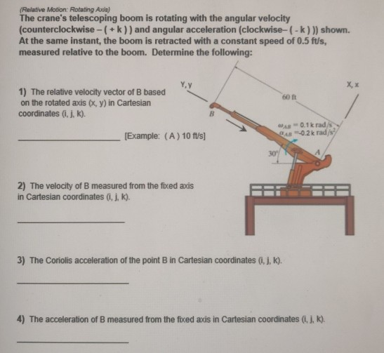 (Relative Motion: Rotating Axis) The cranes telescoping boom is rotating with the angular velocity (counterclockwise - (+k))