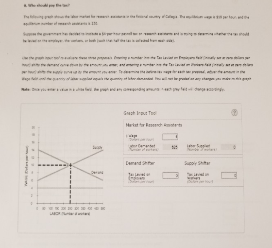 6. Who should pay the tax? The follawing graph shows the labor market for research assistants in the fictional country of Collegia. The equilibrium wage is $10 per hour, and the equilbium number of research assistants is 250. Suppose the govemment has decided to institute a $4-per-hour payroll tax on research assistants and is trying to decermine whether the tax should be levied on the employer, the workers, or both (such that half the tax is collected from each side). Use the graph input zool to evaluate these three proposals. Entening a number into the Tax Levied on Empioyers field (initially ser at zero dollars per hour) shifts the demand curve down by the amount you enter, and entening a number into the Tax Levied on Workers fied (initially set at zero dollars per hour) shifts the supply curve up by the amount you enter. To determine the before-tax wage for each tax proposal, adjust the amount in the Wage field until the quanbity of labor supplied equais the quanbty of labor demanded. You will not be graded on any changes you make to this graph. Note: Once you enter a value in a white field, the graph and any corresponding amounts in each grey field will hange accordingly Graph Input Tool Market for Research Assistants 2) 18 16 14 12 10 wage Collars per our Labor Demanded Number of workers) Sur ply 825 Labor Supplied fNumber or workers) Demand Shifter Supply Shifter De and Tax Levied on Employers Dolas per hour) Tax Levied on Workers (Dollars per hour) 50 100 150200 250 300 150 40 450 50 LABOR (Number of workers)