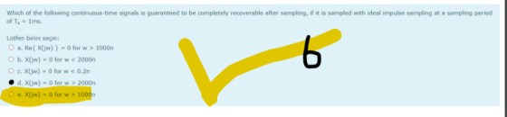 Which of the following continuous-time signals is guaranteed to be completely recoverable after sampling, if it is sampled wi
