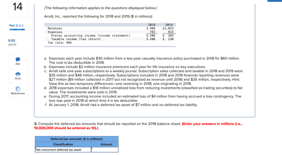 [The following information applies to the questions displayed below.) Arndt, Inc., reported the following for 2018 and 2019 (