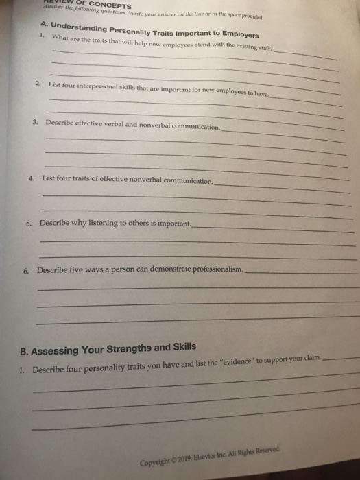 EVIEW OF CONCEPTS Me following questi o n the line or in the space pro A. Understanding Personality Traits Important to Emplo