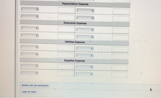 Depreciation Expense Insurance Expense Utilities Expense Supplies Expense SHOW LIST OF ACCOUNTS LINK TO TEXT