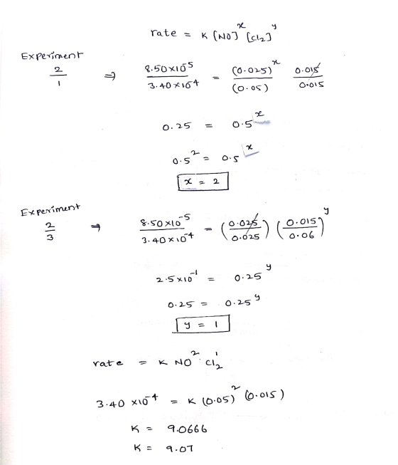 rate = x (No] y [cz] Experiment 8.50x105 - Co-025) = 0.018 0.015 3.40X164 (0.05) 0.25 = 0.5mm 0.5% = o.s 1 x =2 L Experiment