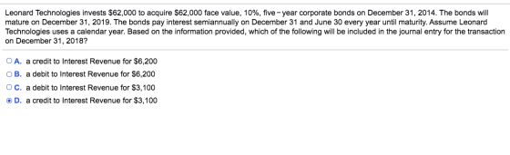 Leonard Technologies invests $62,000 to acquire $62,000 face value, 10%, five-year corporate bonds on December 31, 2014. The