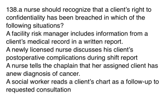 138.a nurse should recognize that a clients right to confidentiality has been breached in which of the following situations?