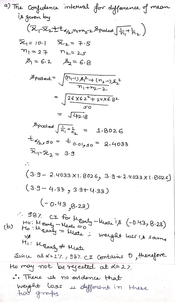 YO a) The confidence internal for difference of mean is geven by (c złtd/2017122 Spooled Jh tha) 56=10.1 72= 7.5 n1=27 M2=2s