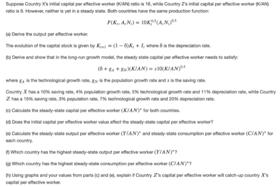 Suppose Country Xs initial capital per effective worker (K/AN) ratio is 16, while Country Zs initial capital per effective