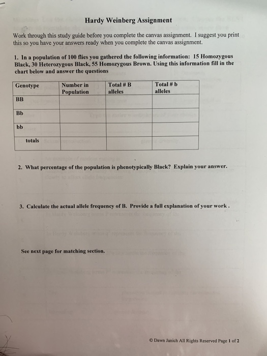 Hardy Weinberg Assignment Work through this study guide before you complete the canvas assignment. I suggest you print this s
