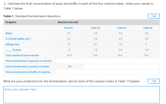 2. Calculate the final concentration of yeast and buffer in each of the four reaction tubes. Enter your results in Table 1 be