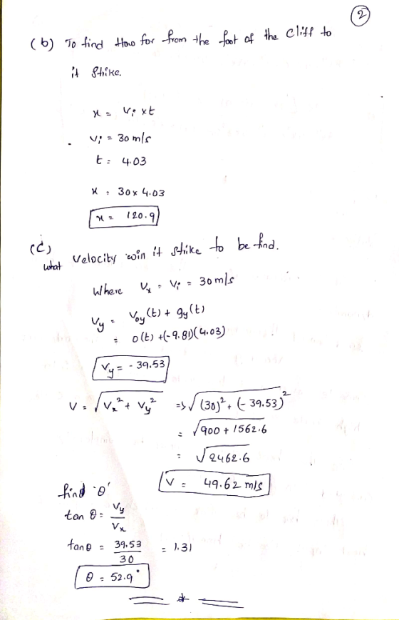 (6) To find How for from the foot of the cliff to it Strike. na vext v; = 30 mis t: 4.03 X: 30 x 4.03 (n = 120.9) Velocity wi