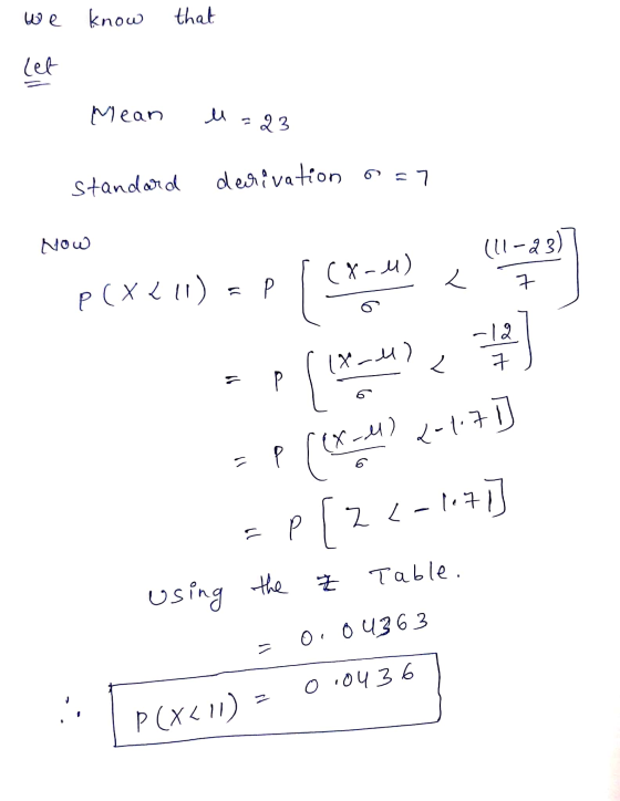 we know that Mean l =23 standard derivation o=7 NOW Pcxell) = P1CX-) < ap{XM) *) EP ((x-) 2-4-77] =P[22-117] using the Ž Tab