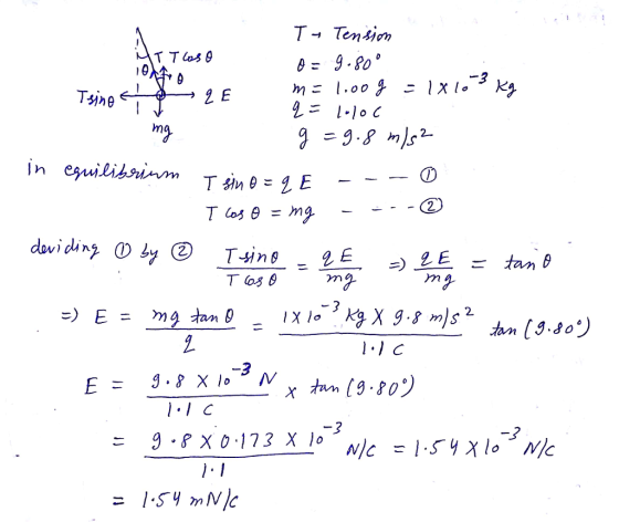 θ= 9.80。 1.00 l-lo C 2 E .1 C ะ g.RXO.173 X 10 > Nle=1.5yXlos N/c NIC l.S4mWと