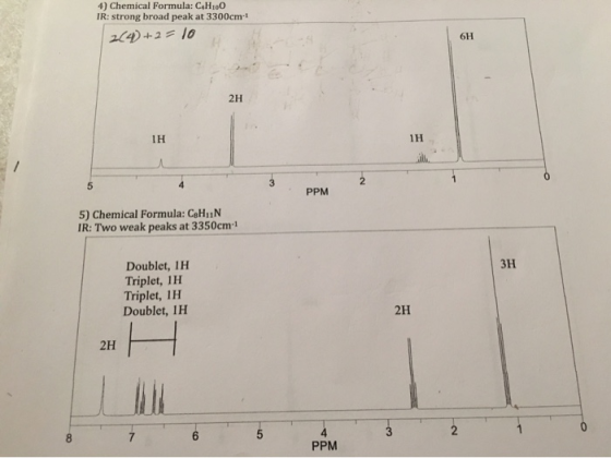 4) Chemical Formula: CH100 IR: strong broad peak at 3300cm- 244)+2 = 10 PPM 5) Chemical Formula: C8H11N IR: Two weak peaks at