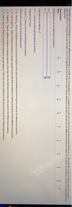 The table below is the frequency of wins for different postpositions in a horse race. A post position of 1 is closest to the