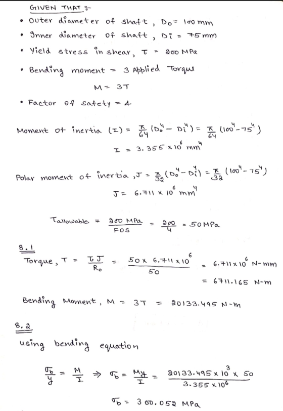 GIVEN THAT • Outer diameter of shaft, Do loo mm • Inner diameter of shaft, Di = 75 mm o yield stress in shear, I = 200 MPa •