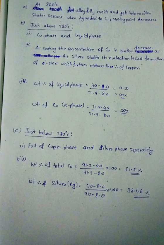 dan SOooot 800% de셔 alloue.ua melhand geh infomaten a) Hate: getause when Ay added to (u j Melhinypoint decvece. es b) Just above 780%; phae and. liwiol phaue detreade of elvstevi aihichforth erreduce, the, %of (opper, ale 40 71.9-o i, Foll of copper phare and ilver phase Seperalely % of total Cu : 91:2-40 91.2-80 912-8.O