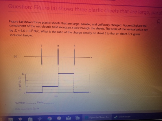 Question: Figure (a) shows three plastic sheets that are large, paral Figure (a) shows three plastic sheets that are large, parallel, and uniformly charged. Figure (b) gives the component of the net electric field along an x axis through the sheets. The scale of the vertical axis is set by E, - 6.6 x 109 N/C. What is the ratio of the charge density on sheet 3 to that on sheet 2? Figures included below. 0 0 NumberUnits-... ゾ Steam Login Figure (a) Shows T.,