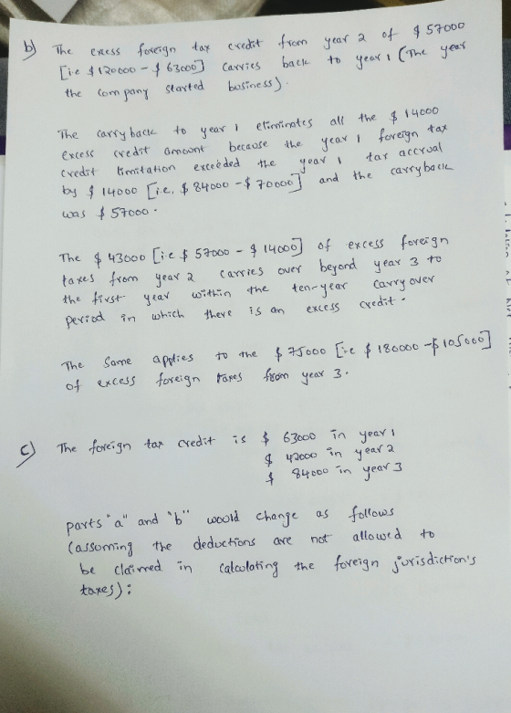 b) The exess forergn tay [ie $120000 -463000] credit from year 2 of $57000 back Carvies to year i (The year the Com pany Stay