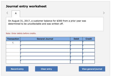 Journal entry worksheet On August 31, 2017, a customer balance for $300 from a prior year was determined to be uncollectable