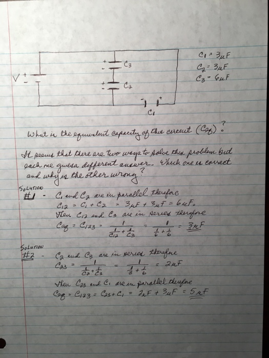 с. ЗЕ G = 3 uF C₃ - Cu F Cl What is the equurlent capacity of these cercent (Cep) : SO It seems that there are two ways to so