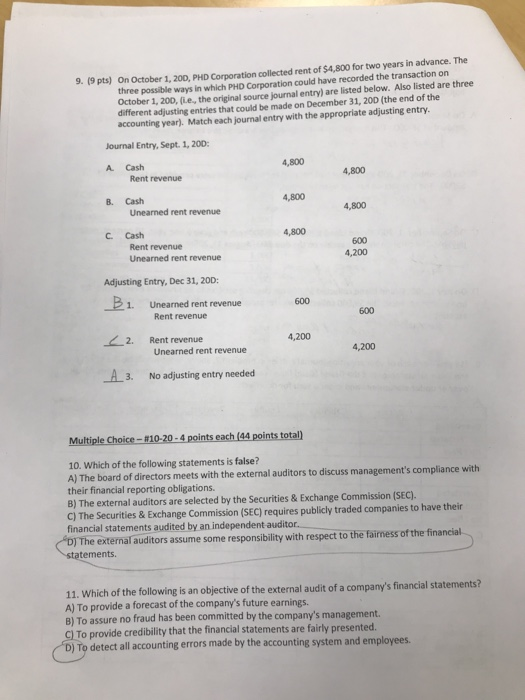 9. (9 pts) On October 1, 20D, PHD Corporation collected rent of $4,800 for two years in advance. The three possible ways in w