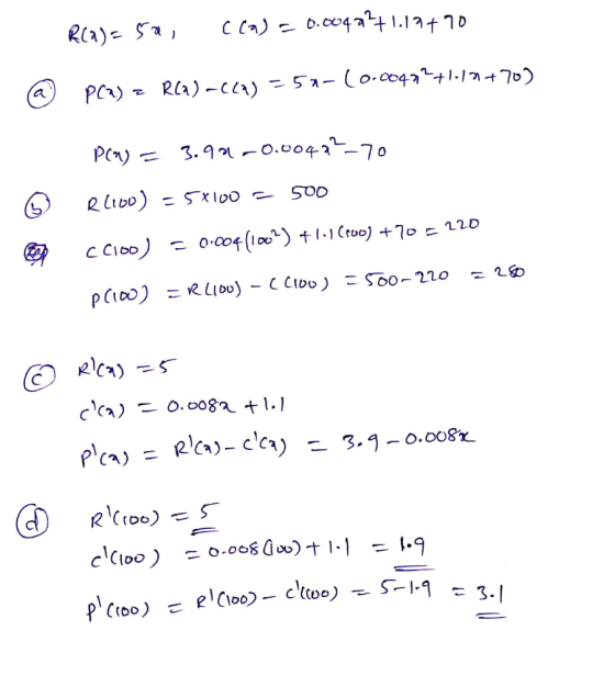 R(2)=5a cca) = 0.0042²+1.13470 @ PCA) z RCA)-(69) = 50- (0.00472+1.10+70) PCN) = 3.90 -0.00422-70 Rl100) = 5x100 = 500 cCloo)
