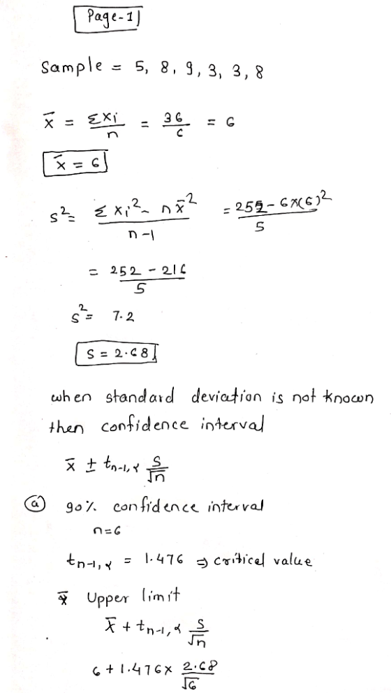 Paqe-1 Sampleニ 5, 8, g, 3, 3,8 2. S= 7.2 tuhen standaid deviation is not knocwn than confidence interval n-1パ 47 cic value Upper limt