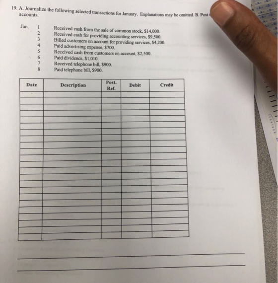 19. A. Journalize the following selected transactions for January. Explanations may be omitted. B. Fom accounts. CA Jan. 1 Re
