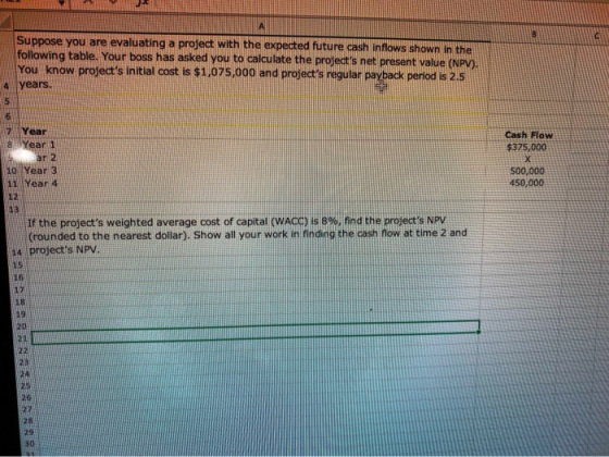 Suppose you are evaluating a project with the expected future cash inflows shown in the following table. Your boss has asked