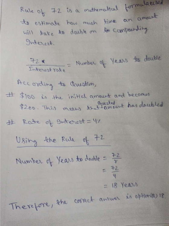 aeused Rule of 72 is a mathematical formu to estimate how much time an am will take to double on es compounding Interest. Num