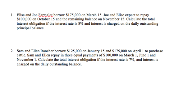 1. Elise and Joe Farmalat borrow $175,000 on March 15. Joe and Elise expect to repay $100,000 on October 15 and the remaining