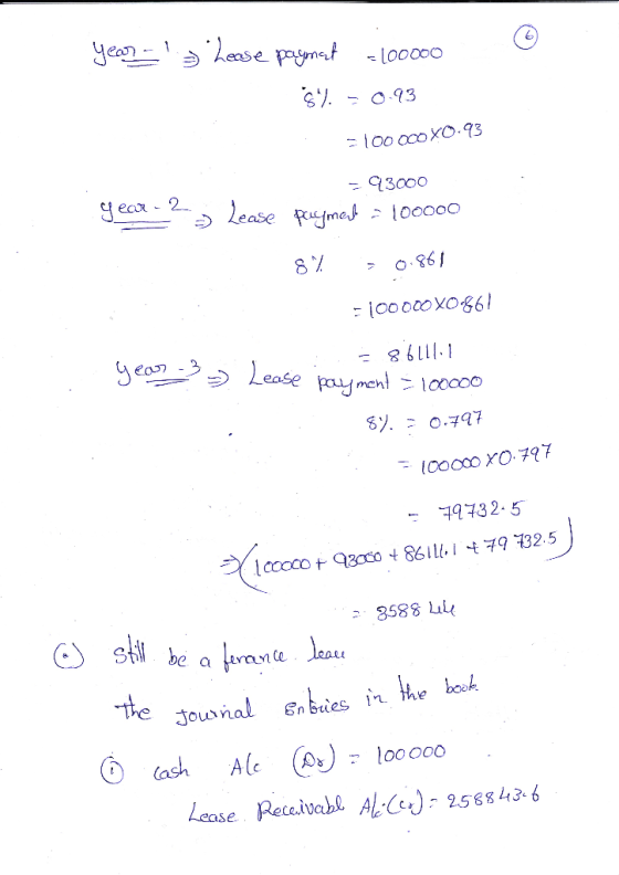 year-lo hesse payment -L00000 5 % - 0.93 100 000X0.93 year-? - 93000 Lease payment = 100000 . 8% = 0.861 - 100 000X0:861 3861