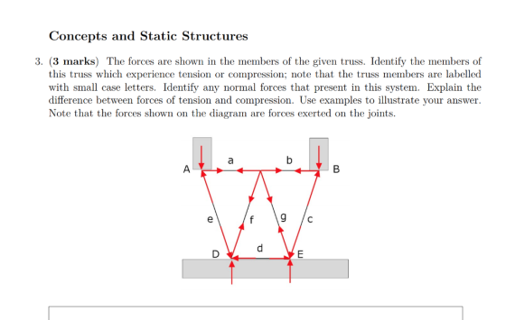 Concepts and Static Structures 3. (3 marks) The forces are shown in the members of the given truss. Identify the members of t