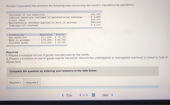 Primare Corporation has provided the following data concerning last months manufacturing operations, Purchases of raw materi