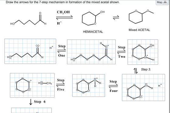 Draw the arrows for the 7-step mechanism in formation of the mixed acetal shown. Map from СН,ОН OH ܠܢ + HO H H Mixed ACETAL H