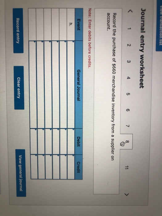 new transaction list Journal entry worksheet < 1 2 3 4 5 6 7 8 11 > Record the purchase of $660 merchandise inventory from a