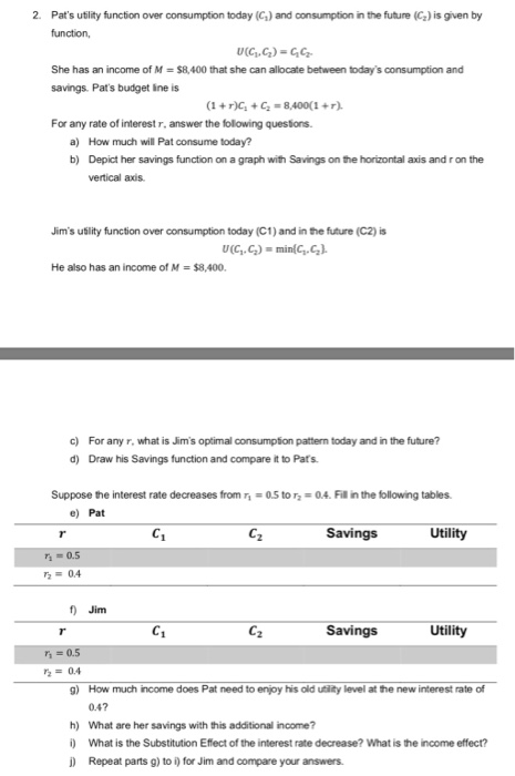 2. Pats utility function over consumption today (C) and consumption in the future (C) is given by function U(CC) = 6 She has