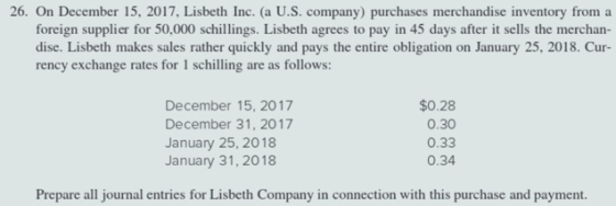 26. On December 15, 2017, Lisbeth Inc. (a U.S. company) purchases merchandise inventory from a foreign supplier for 50,000 sc
