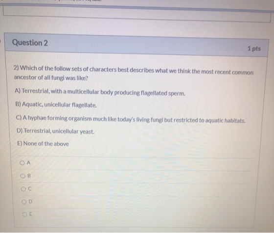 Question 2 1 pts 2) Which of the follow sets of characters best describes what we think the most recent common ancestor of al